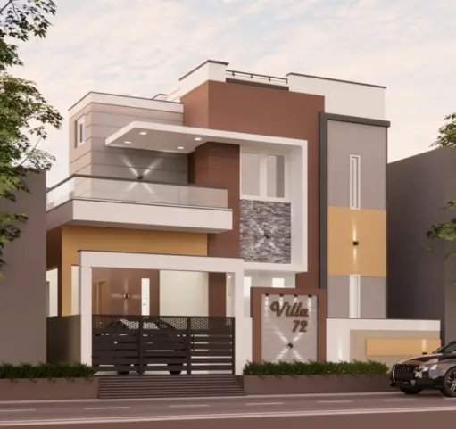 A breathtaking view of an independent, vastu-based villa with car parking, a compound wall, and other modern facilities